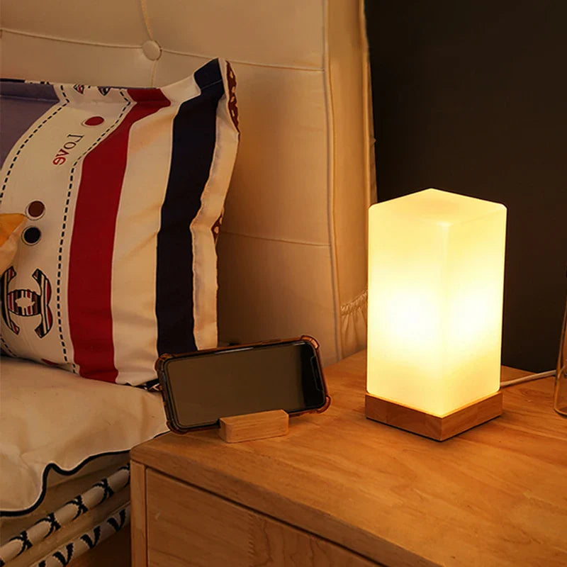 Lampe de Chevet Moderne en Verre et Bois Massif