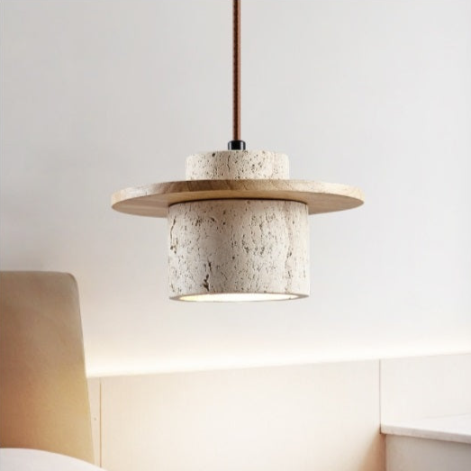 Suspension en Travertin et Bois avec Éclairage LED – Design Naturel et Élégant