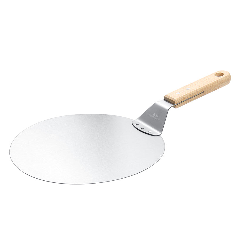 Pelle à pizza ronde en acier inoxydable avec manche en bois de chêne