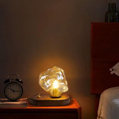 Lampe de Table en Verre Ice Stone – Design Élégant avec Base Métal et Bois