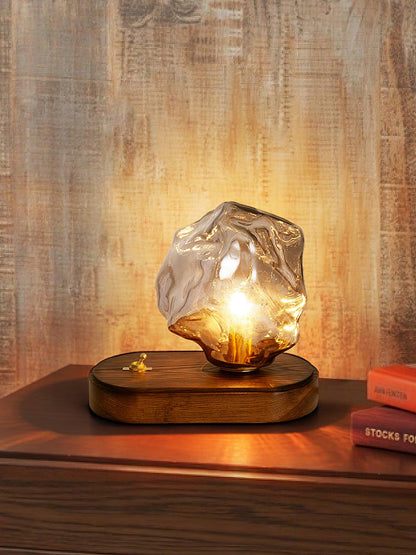 Lampe de Table en Verre Ice Stone – Design Élégant avec Base Métal et Bois