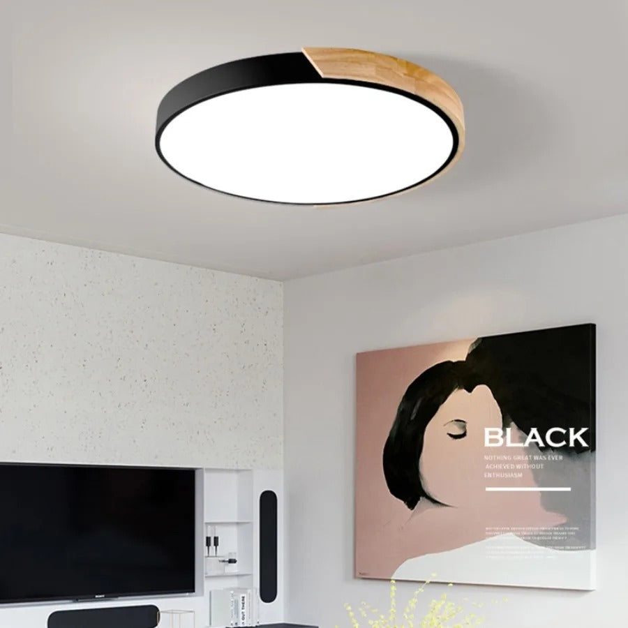 Plafonnier Circulaire Nordic Wooden Macaroon - Lampe LED en Bois et Métal pour Chambre et Salon