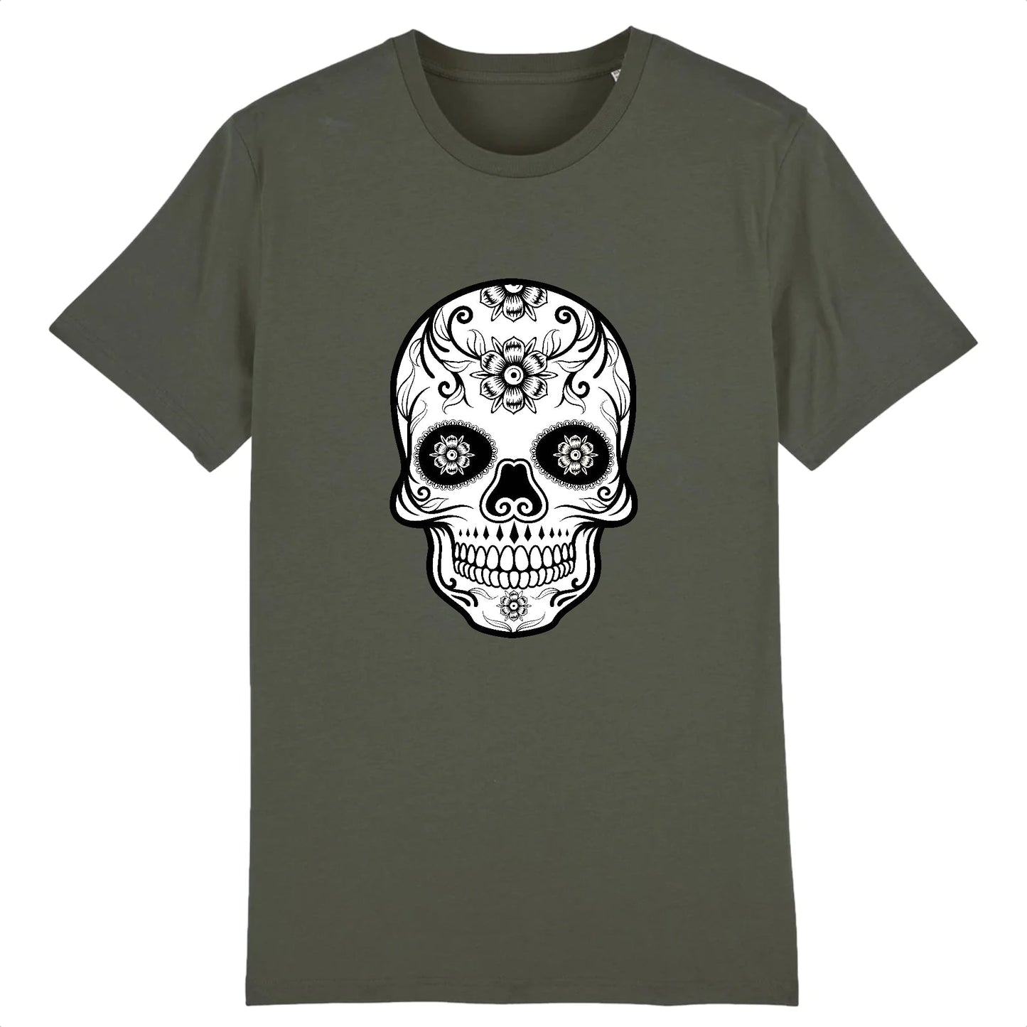 T shirt tete de mort mexicaine blanc noir