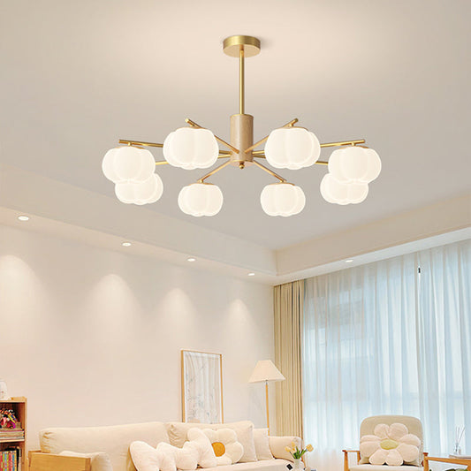 Chandelier Moderne en Bois et Métal avec Boules en Coton – Éclairage Élégant pour Salon et Salle à Manger