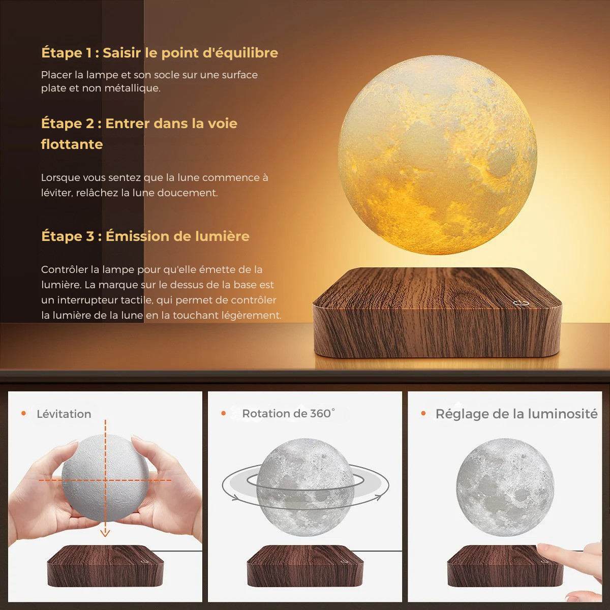 Lampe de Chevet Lune Flottante Magnétique