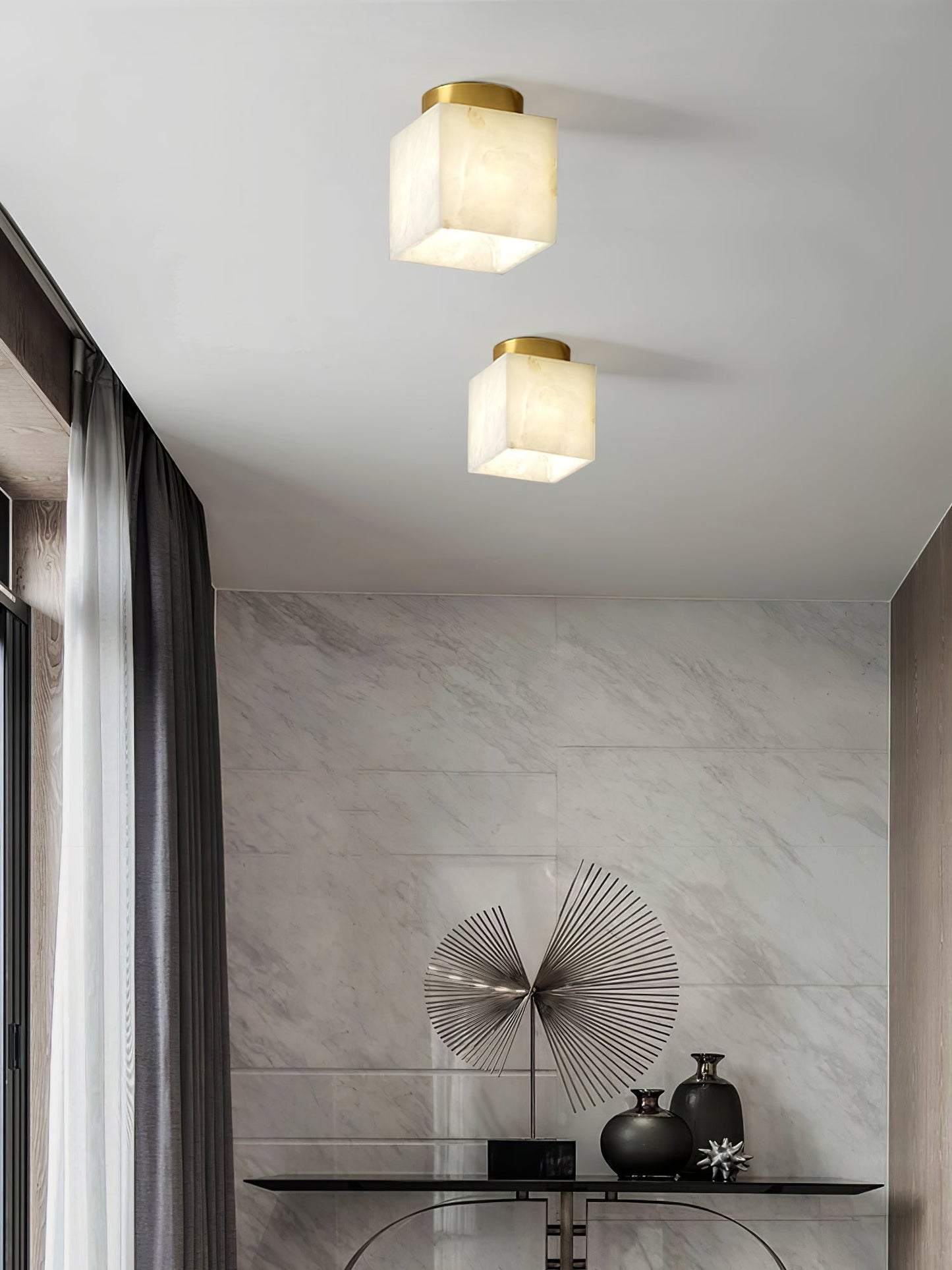 Plafonnier Moon Glow en Albâtre et Laiton - Éclairage LED Doux et Élégant pour Salon et Chambre