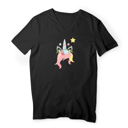 T shirt homme col V Licorne avec des fleurs sur la tête