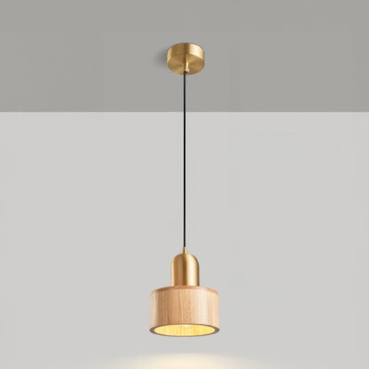 Suspension Cylinder – Lampe Moderne en Laiton et Bois avec Éclairage LED
