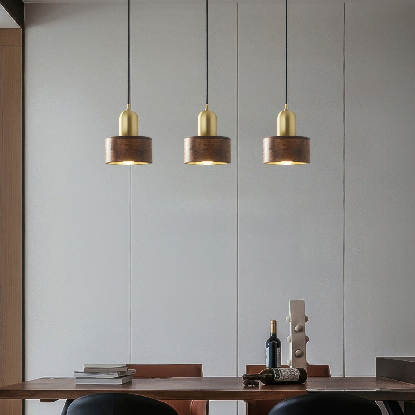 Suspension Cylinder – Lampe Moderne en Laiton et Bois avec Éclairage LED