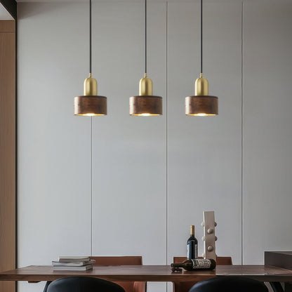 Suspension Cylinder – Lampe Moderne en Laiton et Bois avec Éclairage LED