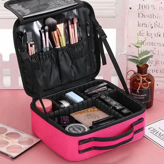 Organiseur maquillage de grande capacité avec supports pinceaux ouverts et rangement maquillages 