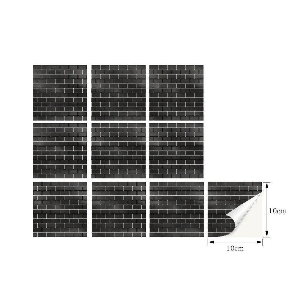 Panneau Mural Salle de Bain Style Carrelage Noir Lot de 10 pcs 10 x 10 cm