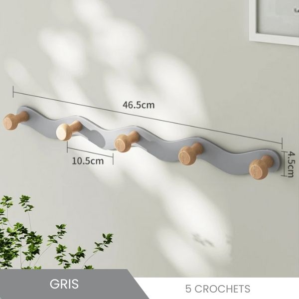 Patère métal bouton bois de hêtre gris 5 crochets
