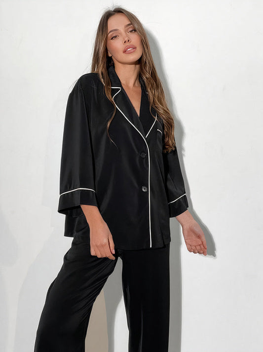 Pyjama en Satin pour Femme Liseré Contrastant "Noir" | Pyjama Shop