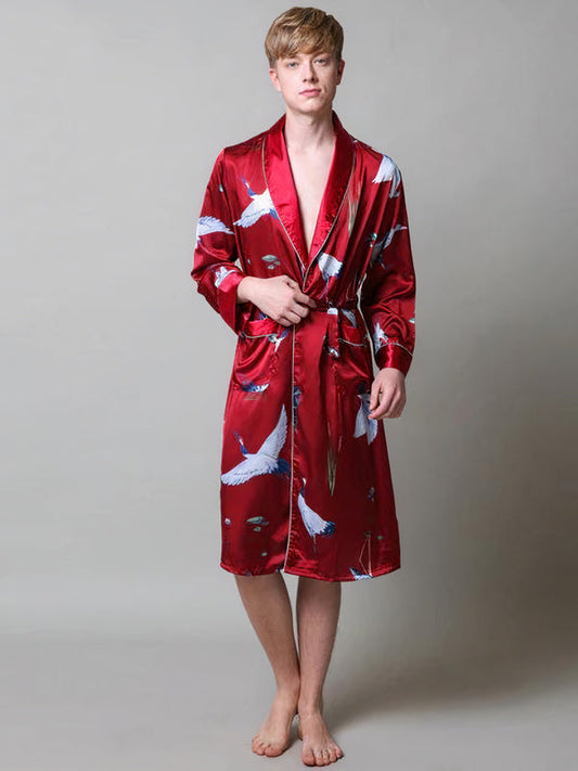 Robe de Chambre en Satin pour Homme Imprimé Cigogne "Rouge" | Pyjama Shop