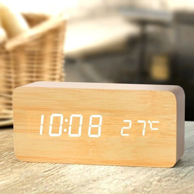 Lampe de Chevet Réveil LED en Bois Moderne