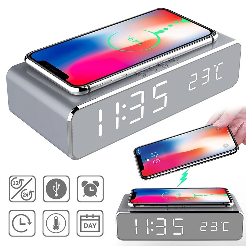 Lampe de Chevet Tactile Chargeur Sans Fil Réveil Intégré