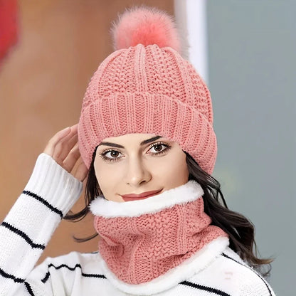 Ensemble Bonnet Femme Pompon en Maille & Écharpe Épaisse