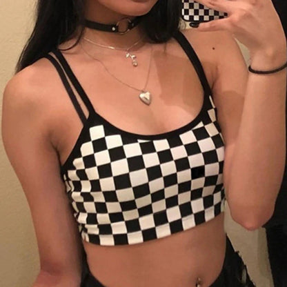 Crop top a carreaux noir et blanc