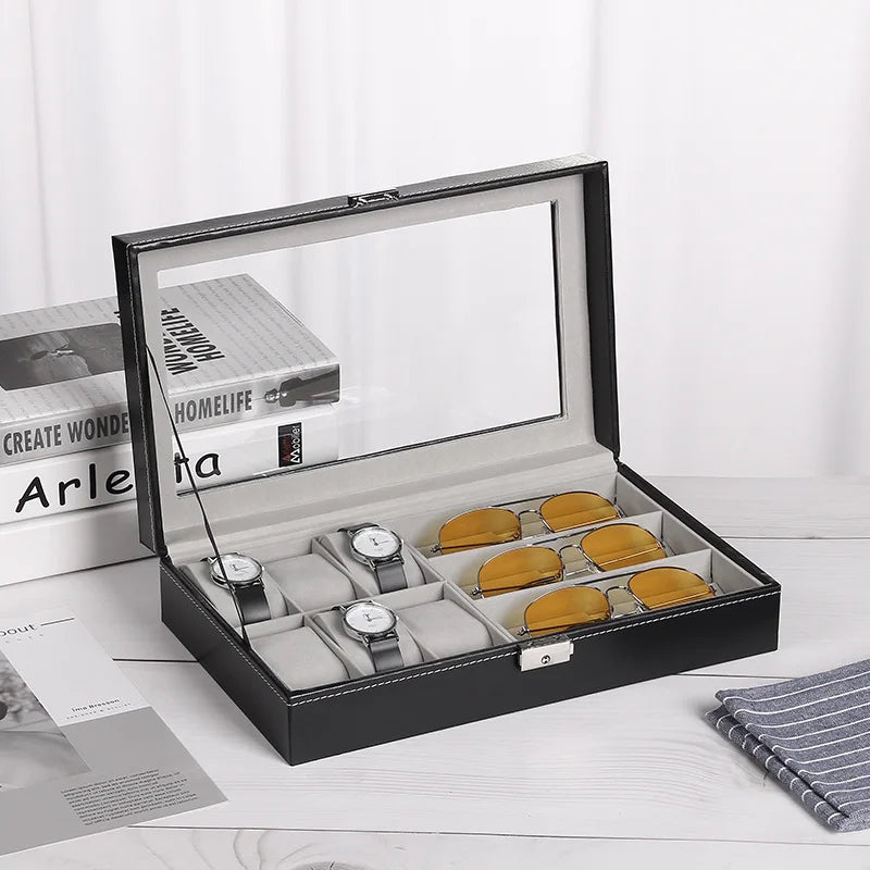 Coffret en cuir pour montres et lunettes – 6 montres et 3 lunettes