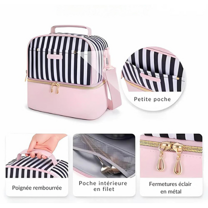 Sac Isotherme Rose Rayé Double Compartiment