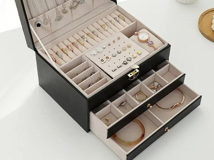 Grande Boîte à Bijoux en Cuir – Organisateur Multicouche Élégant, Rangement Sécurisé pour Bijoux