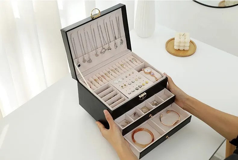 Grande Boîte à Bijoux en Cuir – Organisateur Multicouche Élégant, Rangement Sécurisé pour Bijoux