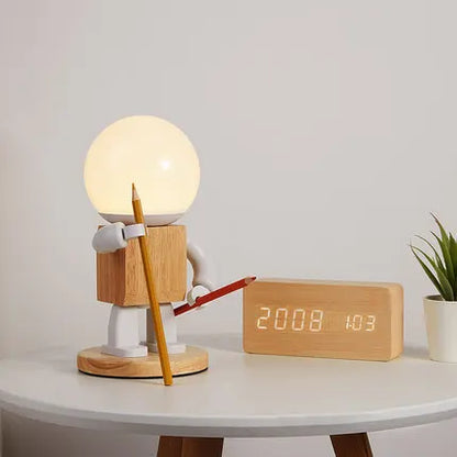Lampe de Chevet Robot en Bois Original