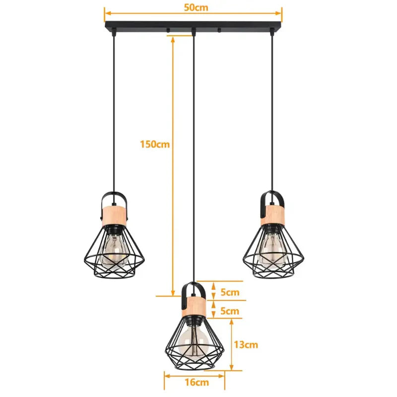 Suspension Industrielle 3 Têtes en Bois et Fer