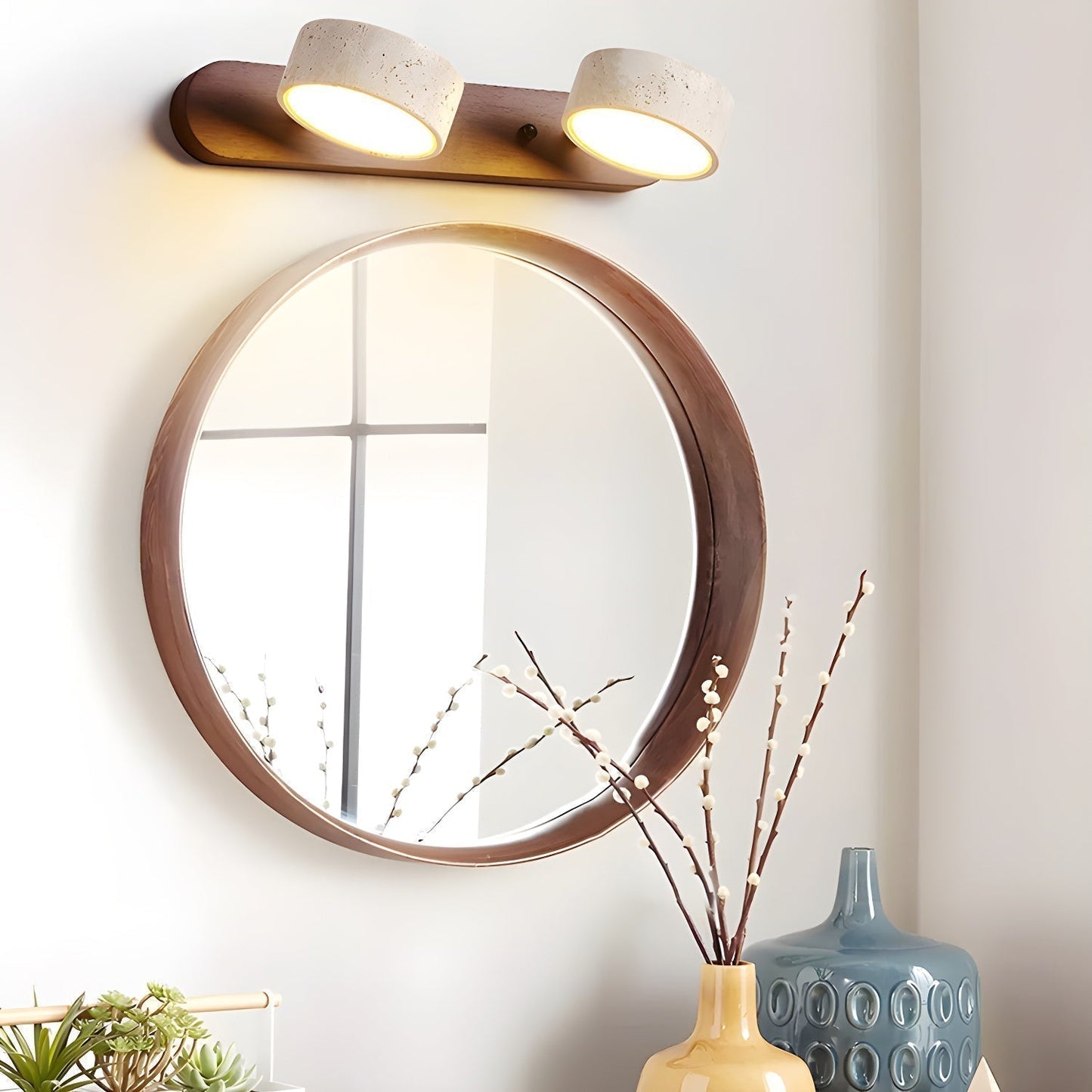 Applique Murale Duo en Travertin et Bois avec Éclairage LED – Design Naturel et Élégant