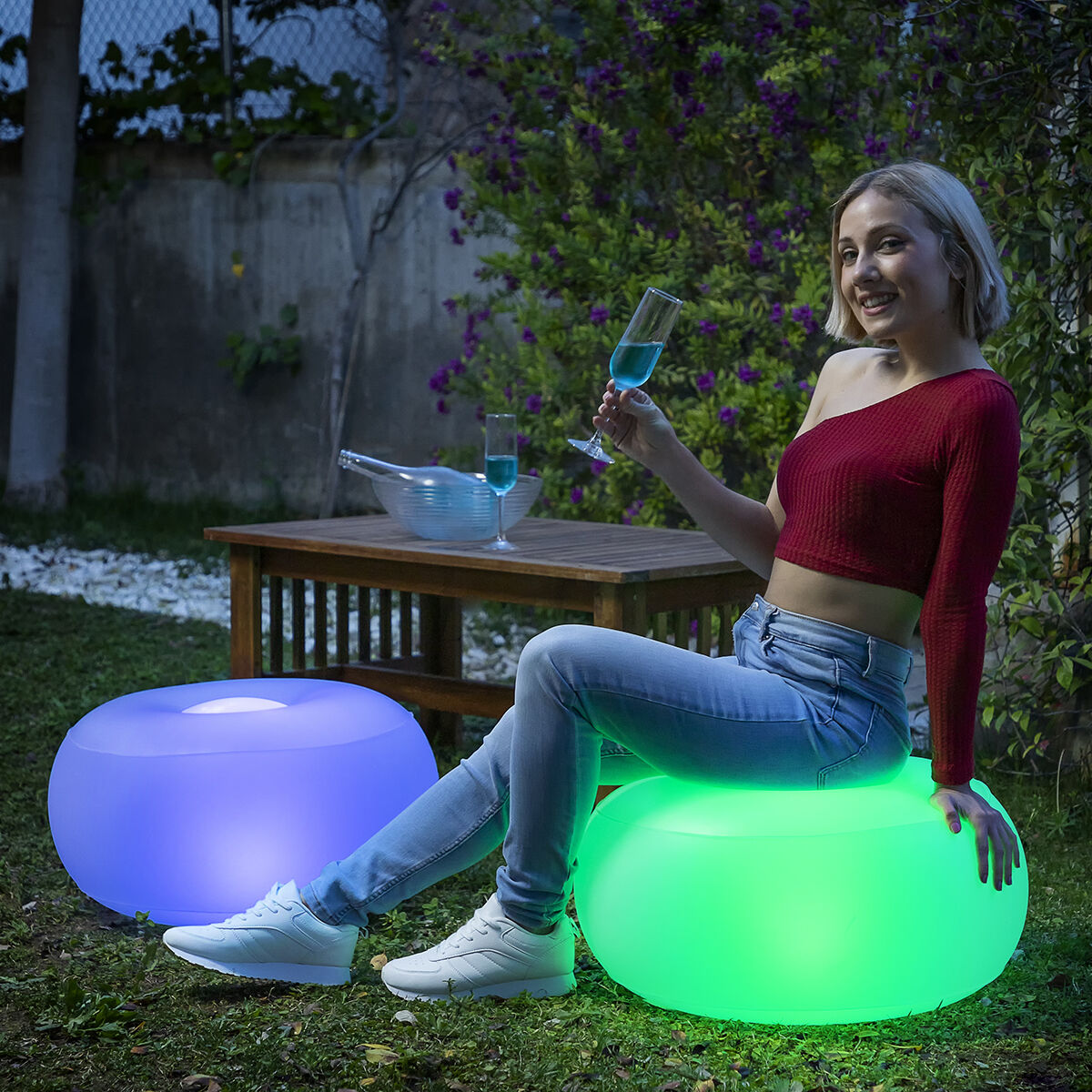 Coussin pouf gonflable LED multicolore avec télécommande