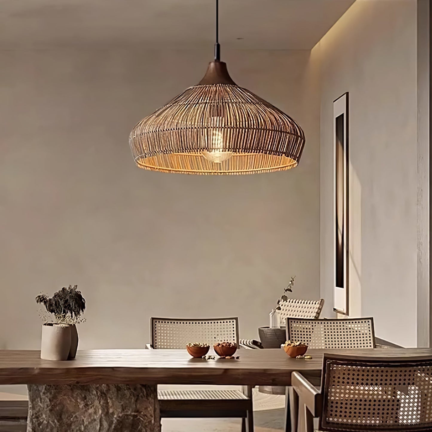 Suspension Wicker Rattan avec Abat-jour en Bois et Rattan - Éclairage LED