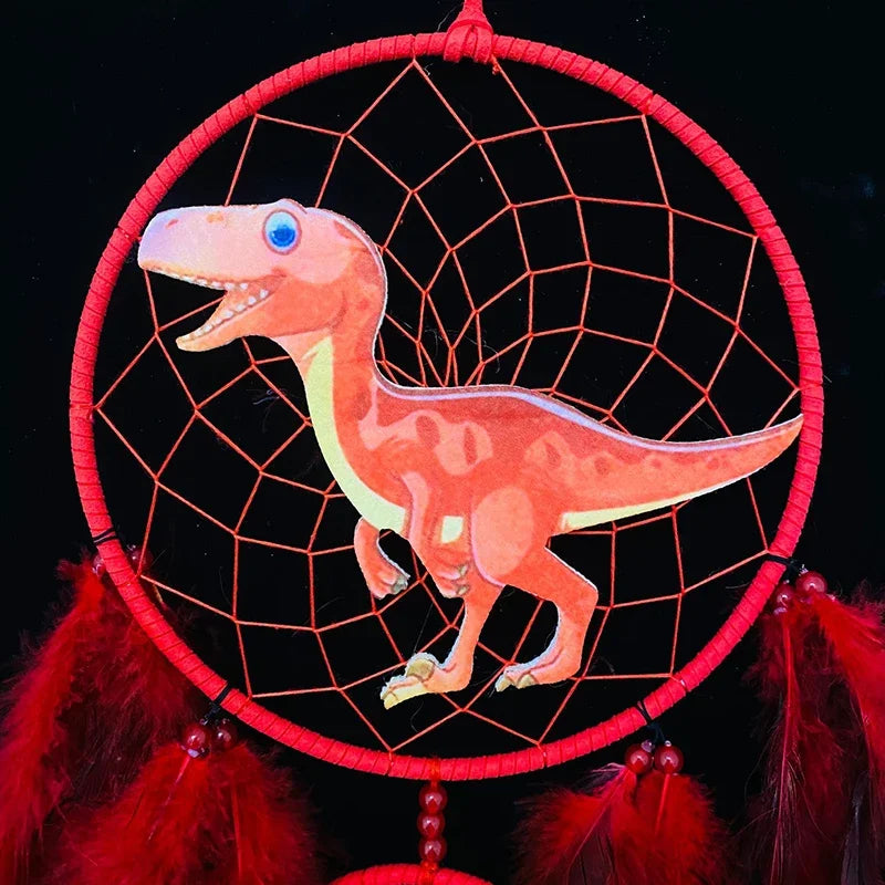 Attrape Rêve Dinosaure Plumes Rouge