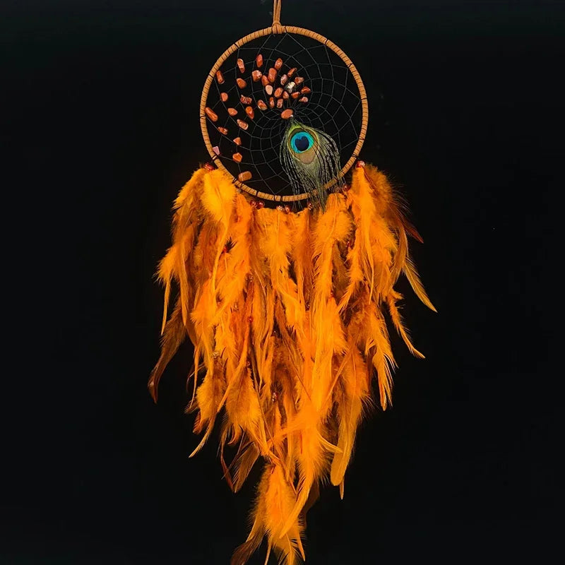 Attrape Rêve Plume Orange de Paon