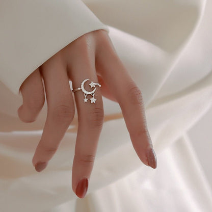 Bague pendentif lune étoiles diamants argent
