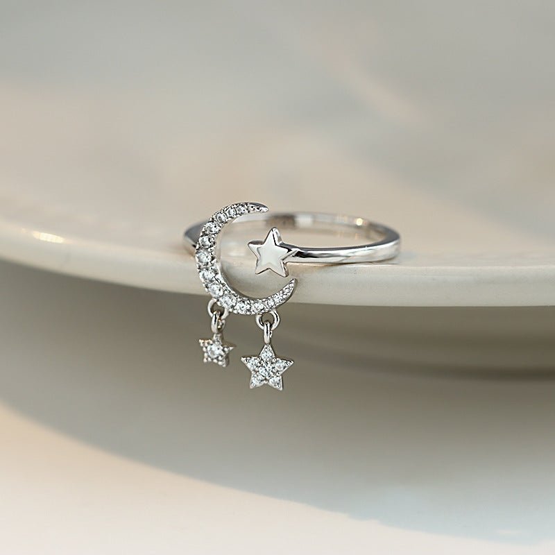Bague pendentif lune étoiles diamants argent