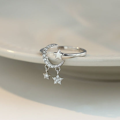 Bague pendentif lune étoiles diamants argent