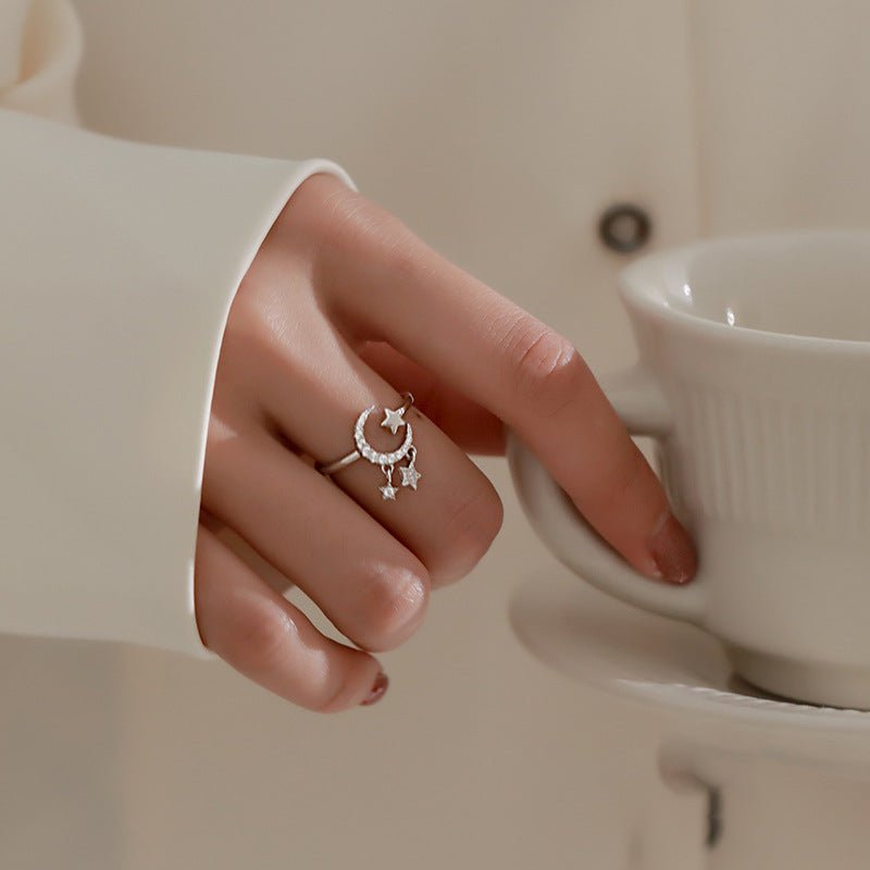 Bague pendentif lune étoiles diamants argent