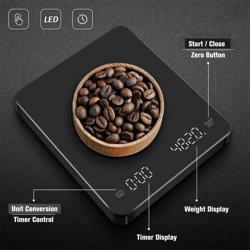 Balance de Café Numérique avec Minuteur Ecran LED Espresso USB 3kg Max.Pesée 0.1g Précision en Oz/ml/g