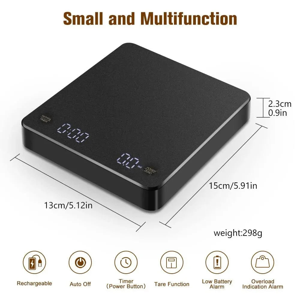 Balance de Café Numérique avec Minuteur Ecran LED Espresso USB 3kg Max.Pesée 0.1g Précision en Oz/ml/g