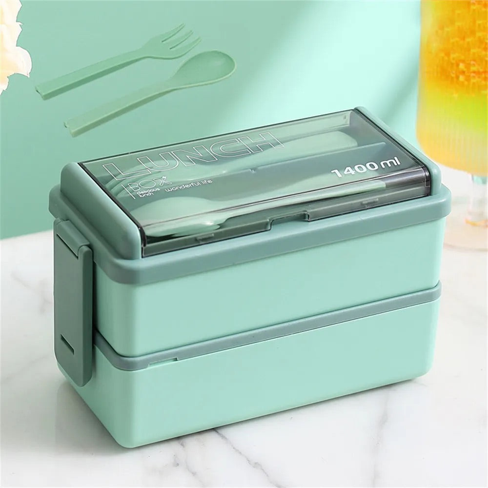 Bento Double Couche Vert avec Couverts