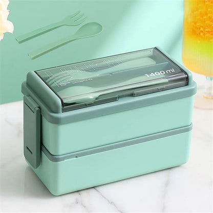 Bento Double Couche Vert avec Couverts