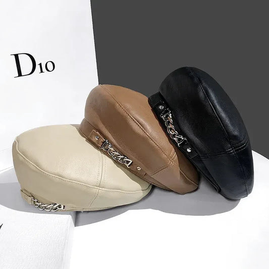 Béret Femme en Cuir avec Chaine