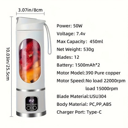 Blender USB Rechargeable avec affichage LED - 450ml, idéal smoothies & milkshakes