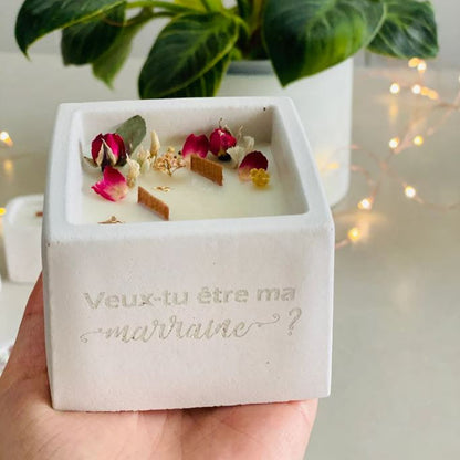 Bougie personnalisable en béton – Mèche crépitante & fleurs séchées