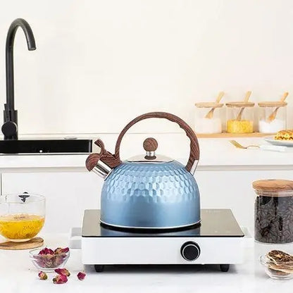 Bouilloire Sifflante Bleu avec manche en bois