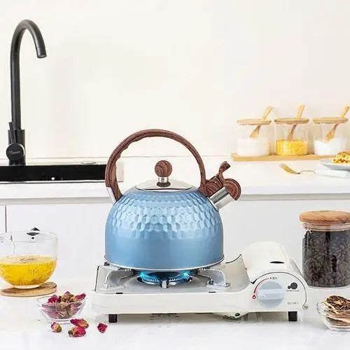Bouilloire Sifflante Bleu avec manche en bois