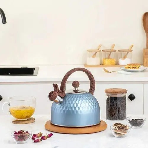 Bouilloire Sifflante Bleu avec manche en bois
