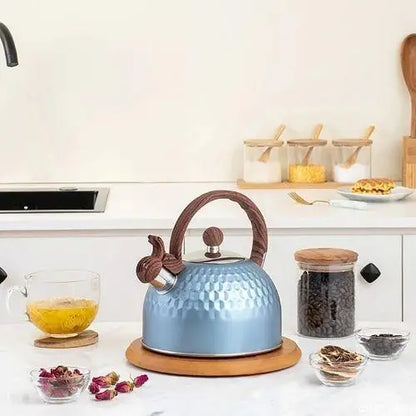 Bouilloire Sifflante Bleu avec manche en bois