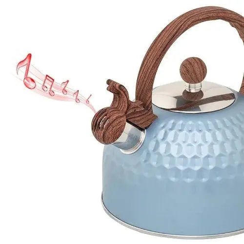 Bouilloire Sifflante Bleu avec manche en bois